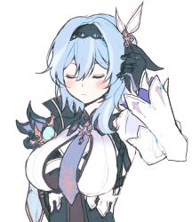 Rule 34 | 1girl, 5rwpvc, black gloves, black hairband, blue hair, blue necktie, blush, bow, breasts, closed eyes, closed mouth, eula (genshin impact), feathers, genshin impact, gloves, hair bow, hairband, highres, large breasts, long sleeves, necktie, shirt, simple background, solo, upper body, vision (genshin impact), white background, white bow, white shirt