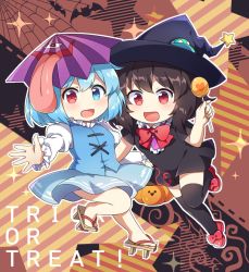 Rule 34 | 2girls, :d, basket, bat (animal), black dress, black hair, black hat, black legwear, blue eyes, blue hair, blue skirt, blue vest, blush, bow, bowtie, breasts, brown background, brown footwear, candy, center frills, chibi, commentary request, dress, food, frills, geta, halloween, hand up, hat, heterochromia, holding, holding basket, holding food, houjuu nue, juliet sleeves, kaoling, leg up, lollipop, long sleeves, medium breasts, multiple girls, open mouth, outline, puffy sleeves, purple umbrella, red bow, red bowtie, red eyes, red footwear, shirt, shoes, short dress, short hair, short sleeves, silk, skirt, skirt set, smile, spider web, star (symbol), striped, tatara kogasa, thighhighs, thighs, tongue, tongue out, touhou, trick or treat, ufo, umbrella, vest, white outline, white shirt, witch hat, zettai ryouiki