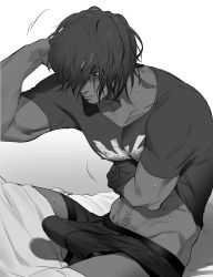 Rule 34 | 1boy, ashwatthama (fate), bed, blanket, dark skin, dark-skinned male, covered erect nipples, erection, erection under clothes, fate/grand order, fate (series), greyscale, haiki (tegusu), highres, male focus, male underwear, monochrome, monochrome, muscular, pubic hair, simple background, solo, under covers, underwear