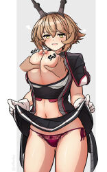Rule 34 | 1girl, arthur ko, black skirt, breasts, breasts out, brown hair, clothes lift, collar, commission, cowboy shot, disembodied hand, flipped hair, grabbing, grabbing another&#039;s breast, green eyes, headgear, highres, kantai collection, large breasts, lifting own clothes, metal belt, metal collar, miniskirt, mutsu (kancolle), mutsu kai ni (kancolle), navel, nipples, panties, pixiv commission, pleated skirt, red panties, short hair, side-tie panties, skirt, skirt lift, solo focus, standing, underwear