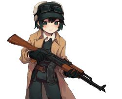 Rule 34 | 1girl, ak-47, akm, androgynous, assault rifle, belt pouch, black gloves, blush, coat, fur hat, gloves, goggles, goggles on headwear, green eyes, green hat, green pants, gun, hat, highres, holding, holding gun, holding weapon, kalashnikov rifle, kino (kino no tabi), kino no tabi, kpe934k0s282b2, leather belt, pants, pouch, reverse trap, rifle, simple background, solo, standing, sweatdrop, tomboy, trench coat, weapon, white background