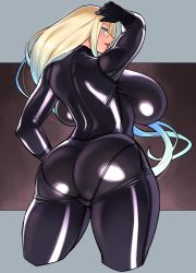 Rule 34 | 1girl, ass, backboob, black bodysuit, blue eyes, bodysuit, breasts, cameltoe, gradient hair, grey background, hidarikiki, highres, huge ass, huge breasts, impossible bodysuit, impossible clothes, latex, looking at viewer, looking back, multicolored hair, original, red lips, shiny clothes, skin tight, smile, solo, thighs