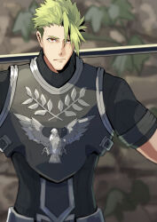 Rule 34 | 1boy, achilles (fate), armor, black shirt, fate/grand order, fate (series), frown, green hair, haruakira, highres, looking ahead, male focus, mature male, orange eyes, outdoors, polearm, ribbed shirt, shirt, short hair, short sleeves, stone wall, toned, toned male, undercut, upper body, wall, weapon