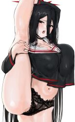 Rule 34 | 1girl, black choker, black hair, black panties, blue archive, blush, breasts, choker, collarbone, commentary request, hasumi (blue archive), highres, holding own leg, large breasts, leg up, long bangs, long hair, long sleeves, looking at viewer, mole, mole under eye, navel, open mouth, panties, poharo, red eyes, simple background, solo, stomach, underwear, white background