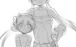 Rule 34 | 1boy, 1girl, aged up, belt, blush, breasts, cleavage, cowboy shot, cr72, gloves, greyscale, hand in own hair, hand on own hip, head out of frame, made in abyss, monochrome, nose blush, one eye closed, regu (made in abyss), riko (made in abyss), tank top, twintails, white background