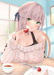 Rule 34 | 1girl, black choker, blue ribbon, blush, breasts, cake, cake slice, chair, choker, cleavage, cross-laced clothes, cross-laced sleeves, cup, food, food on face, fork, fruit, green eyes, hand up, highres, holding, holding food, holding fruit, hololive, large breasts, long sleeves, looking at viewer, open mouth, plate, ribbed sweater, ribbon, ribbon hair, rikotan, shirogane noel, shirogane noel (casual), short hair, silver hair, snowflake choker, solo, strawberry, sweater, table, teacup, teeth, upper teeth only, virtual youtuber, white sweater