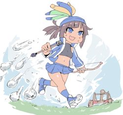 Rule 34 | 1girl, age of empires ii, arrow (projectile), blue eyes, blue hat, blue jacket, blue skirt, blue socks, bow (weapon), brown hair, catapult, commentary request, day, grass, hat, hat feather, holding, holding arrow, holding bow (weapon), holding weapon, jacket, midriff, miniskirt, navel, open clothes, open jacket, outdoors, pleated skirt, plumed archer (age of empires ii), running, shoes, silver bell, skirt, sneakers, socks, solo, sports bra, sweat, weapon