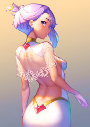 Rule 34 | 1girl, a.i. voice, absurdres, back, backless dress, backless outfit, bare arms, breasts, closed mouth, cowboy shot, dress, from behind, gradient background, grey background, hair ornament, hair stick, highres, looking at viewer, looking back, nicchi, profile, purple eyes, purple hair, see-through, short hair, sideboob, small breasts, solo, voiceroid, white dress, yellow background, yuzuki yukari