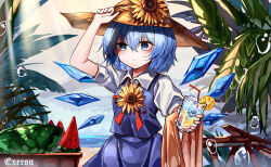 Rule 34 | 1girl, absurdres, artist logo, artist name, blue dress, blue eyes, blue hair, blush, brown hat, cirno, closed mouth, collared shirt, cup, detached wings, dress, drink, drinking glass, drinking straw, fairy, flower, food, fruit, hair between eyes, hair flower, hair ornament, hat, highres, holding, holding cup, ice, ice wings, shirt, short hair, short sleeves, solo, straw hat, sunflower, top-exerou, touhou, upper body, watermelon, watermelon slice, white shirt, wings, yellow flower