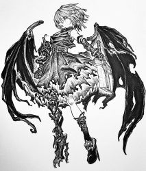 Rule 34 | 1girl, armor, black footwear, broken, broken sword, broken weapon, dress, elbow gloves, from below, full body, gloves, greyscale, hair over one eye, high heels, highres, holding, holding sword, holding weapon, looking at viewer, mashimashi, monochrome, original, parted lips, sleeveless, socks, solo, standing, sword, traditional media, weapon, wings