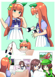 Rule 34 | 3girls, animal ears, aqua eyes, blue eyes, book, bow, brown hair, buttons, clothing cutout, comic, commentary request, double-breasted, dress, ear covers, female trainer (umamusume), flat chest, green dress, green eyes, green headwear, hair ornament, hairclip, hayakawa tazuna, headband, highres, hime cut, holding, holding book, horse ears, horse girl, horse tail, jacket, long hair, long sleeves, multiple girls, multiple views, orange hair, pants, parted lips, pleated skirt, puffy short sleeves, puffy sleeves, purple bow, purple shirt, reading, red jacket, red pants, running, school uniform, sewing machine, shirt, short sleeves, silence suzuka (umamusume), skirt, tail, tail through clothes, tracen school uniform, tracen training uniform, track jacket, track pants, umamusume, white headband, white skirt, whitelily bread