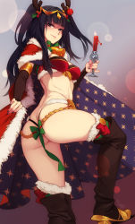 Rule 34 | 1girl, ass, bell, black hair, blush, boots, bow, breasts, butt crack, candle, cape, cleavage, collar, fake antlers, feguimel, fire emblem, fire emblem awakening, fire emblem heroes, fur trim, highres, long hair, looking at viewer, medium breasts, neck bell, nintendo, official alternate costume, purple eyes, smile, solo, tharja (fire emblem), tharja (winter) (fire emblem), thigh boots, thighhighs, thighhighs under boots