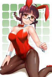 Rule 34 | 1girl, absurdres, akizuki ritsuko, animal ears, antenna hair, black-framed eyewear, black pantyhose, bow, bowtie, braid, breasts, brown eyes, brown hair, clenched hand, closed mouth, collar, covered navel, detached collar, fake animal ears, fake tail, full body, glasses, gradient background, grid background, hair tie, hand on own thigh, head tilt, high heels, highres, idolmaster, idolmaster (classic), idolmaster 1, kneeling, legs, leotard, looking at viewer, medium breasts, medium hair, pantyhose, playboy bunny, rabbit ears, rabbit tail, red bow, red bowtie, red footwear, red leotard, semi-rimless eyewear, shadow, side-tie leotard, smile, solo, strapless, strapless leotard, tail, twin braids, twintails, under-rim eyewear, white background, white collar, wing collar, wrist cuffs, yellow quokka