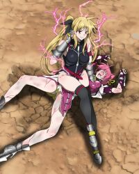 Rule 34 | 2girls, absurdres, black thighhighs, blonde hair, blush, breasts, cameltoe, crotch, defeat, empty eyes, fate testarossa, grabbing, grabbing another&#039;s breast, hair ribbon, highres, humiliation, large breasts, long hair, looking at viewer, lyrical nanoha, magical girl, mahou shoujo lyrical nanoha strikers, multiple girls, open mouth, panties, peeing, pink hair, powt, red eyes, ribbon, saliva, signum, sitting, sitting on person, smile, thighhighs, twintails, underwear