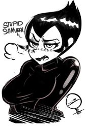 Rule 34 | 1girl, artist request, ashi (samurai jack), blush, bodysuit, breasts, eyeshadow, fang, greyscale, highres, holding own arm, makeup, medium breasts, monochrome, samurai jack, short hair, solo, spiked hair, taut clothes, tsundere, unaligned breasts