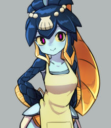 Rule 34 | 1girl, apron, arms behind back, blue skin, collarbone, colored sclera, colored skin, fins, fish girl, gazacy (dai), highres, minette (skullgirls), pink eyes, ponytail, scales, shell hair ornament, skullgirls, smile, solo, yellow sclera