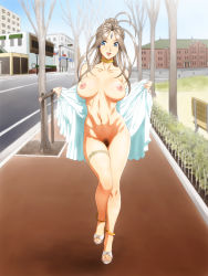 Rule 34 | 1girl, aa megami-sama, antenna hair, belldandy, blue eyes, breasts, bridal garter, choker, unworn clothes, day, exhibitionism, facial mark, female pubic hair, forehead mark, full body, highres, joy division, large breasts, long hair, looking at viewer, nipples, nude, outdoors, park, ponytail, pubic hair, public indecency, road, sandals, smile, solo, street, tree, very long hair