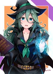 Rule 34 | 1girl, absurdres, aqua eyes, artist name, baileys (tranquillity650), belt, black gloves, black hat, blush, book, breasts, brown belt, cleavage, collarbone, gloves, green hair, green neckerchief, hair flaps, halloween, halloween costume, hat, highres, holding, holding book, kantai collection, long hair, neckerchief, open mouth, signature, solo, twitter username, upper body, witch hat, yamakaze (kancolle)