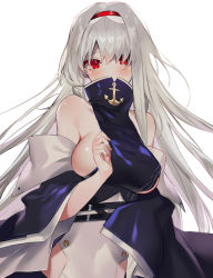 Rule 34 | 1girl, asagi yuna, azur lane, bare shoulders, blush, breasts, colorado (azur lane), commentary request, covered mouth, detached sleeves, hairband, highres, large breasts, long hair, looking at viewer, red eyes, revision, sideboob, silver hair, solo, upper body, white background