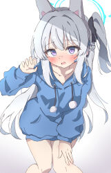 Rule 34 | 1girl, absurdres, animal ears, blue archive, blue halo, blue hoodie, blush, collarbone, fake animal ears, feet out of frame, grey hair, halo, highres, hood, hood down, hoodie, long hair, long sleeves, looking at viewer, miyako (blue archive), natsukari na, official alternate costume, one side up, open mouth, purple eyes, rabbit ears, solo