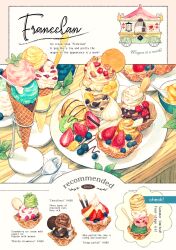 blueberry bowl carriage chocolate_syrup commentary_request english_text food food_focus fork fruit highres ice_cream ice_cream_cone leaf menu napkin no_humans original plate somemachi spoon strawberry strawberry_slice sundae table