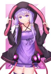Rule 34 | 1girl, absurdres, animal hood, black jacket, blush, breasts, dress, hair between eyes, hands up, headset, highres, hip focus, hood, hood up, hooded jacket, jacket, legs together, long hair, looking at viewer, microphone, open clothes, open jacket, open mouth, purple eyes, purple hair, rabbit hood, shirua (s4-42424), skindentation, small breasts, solo, striped clothes, striped dress, thigh gap, thighhighs, thighs, twintails, vertical-striped clothes, vertical-striped dress, vocaloid, yuzuki yukari