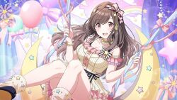 Rule 34 | 1girl, :d, asymmetrical sleeves, balloon, bare shoulders, blush, bow, breasts, brown hair, choker, cleavage, cloud, collarbone, curtains, dress, feet out of frame, frilled choker, frilled dress, frills, game cg, hair bow, hair ornament, idolmaster, idolmaster shiny colors, knees together feet apart, large breasts, legs, lens flare, long hair, looking at viewer, loose socks, official art, on crescent, open mouth, pink bow, pink dress, pink eyes, rainbow, sidelocks, sitting, smile, socks, solo, sparkle, star (symbol), star balloon, swinging, tassel, tassel hair ornament, tsukioka kogane, waist ribbon, yellow dress