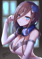 Rule 34 | 1girl, :t, absurdres, bare shoulders, blue eyes, blurry, blurry background, blush, breasts, brown hair, cleavage, closed mouth, commentary request, eyes visible through hair, gloves, go-toubun no hanayome, hair ornament, hair over one eye, hand in own hair, hand up, headphones, headphones around neck, highres, jewelry, lace trim, large breasts, long hair, looking at viewer, nakano miku, necklace, pendant, sato art, signature, solo, strapless, twitter username, underwear, underwear only, upper body, v-shaped eyebrows, white gloves, window