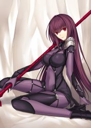 Rule 34 | 1girl, armor, armored boots, bodysuit, boots, breasts, covered erect nipples, fate/grand order, fate (series), female focus, gae bolg (fate), high heels, highres, holding, holding weapon, kauto, long hair, looking at viewer, medium breasts, parted lips, polearm, purple bodysuit, purple hair, red eyes, scathach (fate), scathach (fate), sitting, smile, solo, spear, weapon