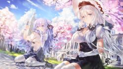 Rule 34 | academy, ahoge, alternate costume, artist request, azur lane, black footwear, black ribbon, blouse, blue dress, blue eyes, blue gemstone, blue sky, blush, breasts, bug, butterfly, cherry blossoms, choker, cleavage, clock, clock tower, cloud, copyright name, covered mouth, cup, day, dress, drinking glass, elbow gloves, framed breasts, gem, gloves, grass, hair bun, hair ornament, hair ribbon, hat, highres, holding, holding cup, holding saucer, illustrious (azur lane), insect, jewelry, lace-trimmed hat, lace trim, large breasts, loafers, logo, long hair, looking at hand, looking at viewer, low twintails, mole, mole under eye, official art, outdoors, pendant, petals, pinafore dress, pleated shirt, puffy short sleeves, puffy sleeves, purple eyes, purple hair, purple skirt, ribbon, saucer, seiza, shirt, shoes, short sleeves, side bun, sidelocks, single side bun, sitting, skirt, sky, sleeveless, sleeveless dress, smile, stuffed animal, stuffed toy, stuffed unicorn, stuffed winged unicorn, tareme, thighhighs, tower, tress ribbon, twintails, unicorn (azur lane), very long hair, wariza, white gloves, white hair, white hat, white legwear, wind, wristband, zettai ryouiki