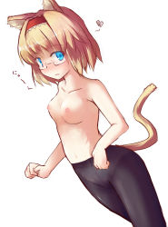 Rule 34 | 1girl, absurdres, alice margatroid, animal ears, aqua eyes, bespectacled, black pantyhose, blonde hair, blush, breasts, cat ears, cat girl, cat tail, female focus, glasses, highres, kemonomimi mode, murasin, nipples, pantyhose, short hair, solo, tail, topless, touhou