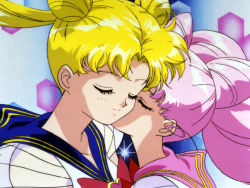 Rule 34 | 1990s (style), age difference, bishoujo senshi sailor moon, blonde hair, chibi usa, child, closed eyes, family, kiss, mother and daughter, official art, pink hair, school uniform, tsukino usagi