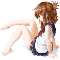 Rule 34 | 1girl, arm support, bare legs, barefoot, blush, brown eyes, brown hair, commentary request, dd (ijigendd), folded ponytail, highres, inazuma (kancolle), kantai collection, long hair, looking at viewer, neckerchief, open mouth, pleated skirt, school uniform, serafuku, sidelocks, simple background, sitting, skirt, sleeveless, solo, white background