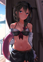 Rule 34 | 10s, 1girl, adapted costume, arm behind back, bare shoulders, bikini, bikini top only, black bikini, blue eyes, blue sky, bottomless, bow, braid, breasts, brown hair, carrying, carrying under arm, closed mouth, cloud, collarbone, cowboy shot, day, groin, hair between eyes, hair bow, hair flaps, hair over shoulder, halterneck, head tilt, holding, holding swim ring, innertube, kantai collection, looking at viewer, lowleg, medium breasts, navel, no panties, orihi chihiro, outdoors, red bow, sarong, shade, shigure (kancolle), shigure kai ni (kancolle), single braid, sky, smile, solo, standing, stomach, sunlight, sweat, swim ring, swimsuit