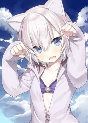 Rule 34 | 1girl, animal ears, arms up, bikini, bikini under clothes, blue eyes, blue sky, blush, breasts, capriccio, cat ears, cloud, cloudy sky, commentary request, day, fang, frilled bikini, frills, hair between eyes, hood, hood down, hooded jacket, jacket, kapu rinko, long sleeves, looking at viewer, open mouth, original, outdoors, paw pose, purple bikini, sky, sleeves past wrists, small breasts, solo, striped bikini, striped clothes, swimsuit, upper body, wavy mouth, white hair, white jacket