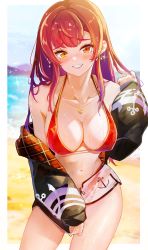 Rule 34 | 1girl, absurdres, aya02ka, bare shoulders, bikini, bikini under clothes, black jacket, blush, breasts, cleavage, collarbone, dolphin shorts, earrings, embarrassed, furrowed brow, grin, halterneck, heart, heart earrings, heart necklace, heterochromia, highres, hololive, houshou marine, houshou marine (summer), jacket, jacket partially removed, jewelry, large breasts, long hair, long sleeves, looking at viewer, navel, necklace, open clothes, open jacket, puffy long sleeves, puffy sleeves, red bikini, red eyes, red hair, see-through, short shorts, shorts, smile, solo, string bikini, swimsuit, virtual youtuber, white shorts, yellow eyes