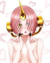 Rule 34 | 1girl, :o, blue eyes, blush, bolt, breasts, collarbone, commentary request, covering privates, covering breasts, eyes visible through hair, fate/grand order, fate (series), frankenstein&#039;s monster (fate), hair over one eye, head tilt, headgear, heart, heterochromia, highres, holding, horns, looking at viewer, mrtakenoko, nude, nut (hardware), pink hair, short hair, single horn, small breasts, solo, upper body, yellow eyes