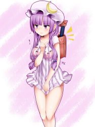 Rule 34 | 1girl, backpack, bag, bare legs, between breasts, blunt bangs, bottomless, breasts, clothes writing, covering privates, covering crotch, crescent, female focus, fidgeting, hand on own chest, hat, highres, hime cut, long hair, miki purasu, no pants, patchouli knowledge, purple eyes, purple hair, randoseru, shirt tug, solo, standing, touhou
