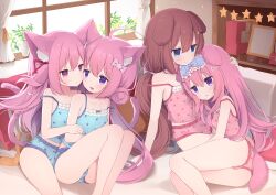 Rule 34 | 4girls, ahoge, animal ear fluff, animal ears, arashiya, ass, azur lane, blue camisole, blue eyes, blue panties, blue socks, bow, breast pillow, breasts, brown hair, camisole, cat ears, cat girl, cat tail, commission, commissioner upload, couch, creator connection, cuddling, curtains, dog ears, dog girl, dog tail, dual persona, eye mask, fumizuki (azur lane), hair bow, hair bun, hair ornament, hairclip, hand on another&#039;s head, hug, hug from behind, if they mated, indie virtual youtuber, indoors, ips cells, kisaragi (azur lane), kneehighs, knees up, long hair, low twintails, lying, lying on person, multiple girls, on side, one side up, open mouth, panties, petting, pillow, pink camisole, pink eyes, pink hair, pink panties, pink socks, print camisole, print panties, purple eyes, ribbon, sitting, skeb commission, small breasts, smile, socks, strap slip, striped clothes, striped socks, tail, thighs, twintails, underwear, underwear only, usagi nono, very long hair, virtual youtuber, window
