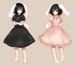 Rule 34 | 2girls, alternate color, animal ears, arms behind back, bad id, bad pixiv id, barefoot, black hair, crossed arms, dress, dual persona, female focus, full body, grin, inaba tewi, jewelry, multiple girls, pendant, pigeon-toed, player 2, rabbit ears, rabbit tail, red eyes, short hair, simple background, smile, tail, touhou, tsukiori