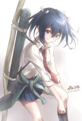 Rule 34 | 10s, 1girl, blue eyes, blue hair, blue skirt, bow (weapon), clothes around waist, collared shirt, hair ribbon, kantai collection, leg up, looking at viewer, matching hair/eyes, morigami (morigami no yashiro), necktie, pleated skirt, ribbon, school uniform, shirt, skirt, sleeves rolled up, smile, solo, souryuu (kancolle), twintails, twitter username, weapon