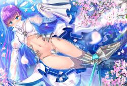 Rule 34 | 1girl, afloat, blue eyes, blush, branch, breasts, commentary request, covered mouth, crotch plate, dutch angle, fate/extra, fate/extra ccc, fate (series), flower, flower on liquid, from above, groin, hair between eyes, hair ribbon, high collar, highres, jacket, juliet sleeves, long hair, long sleeves, looking at viewer, lying, meltryllis (fate), meltryllis (third ascension) (fate), navel, on back, partially submerged, petals, petals on liquid, pink flower, puffy sleeves, purple hair, ribbon, sleeves past fingers, sleeves past wrists, small breasts, solo, spikes, swordsouls, very long hair, water, white jacket, white ribbon