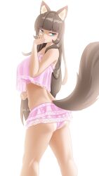 Rule 34 | 1girl, absurdres, animal ear fluff, animal ears, ass, back, blue eyes, bra, breasts, brown hair, cat ears, cat girl, cat tail, covering own mouth, fluffy, glowing, green eyes, highres, large breasts, long bangs, long hair, looking back, multicolored eyes, original, pink skirt, simple background, sketch, skirt, spread legs, tail, takie, takie arts, thick thighs, thighs, underboob, underwear, very long hair, white background
