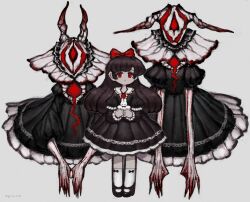 Rule 34 | 1girl, 2others, black dress, black hair, blood, blood on arm, bow, claws, closed mouth, demon, demon horns, dress, full body, gestart333, gothic lolita, hair bow, highres, holding, holding stuffed toy, horns, horror (theme), juliet sleeves, lolita fashion, long arms, long hair, long sleeves, looking at viewer, mary janes, multiple others, original, puffy sleeves, red bow, red eyes, shoes, short sleeves, sidelocks, simple background, socks, stuffed animal, stuffed rabbit, stuffed toy, white background