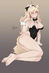 Rule 34 | 1girl, ;), absurdres, animal ear fluff, animal ears, arknights, artist name, ass, bare legs, barefoot, black bow, black bowtie, black leotard, blemishine (arknights), blonde hair, blush, bow, bowtie, breasts, brown background, brown eyes, cleavage, closed mouth, detached collar, full body, gradient background, highres, horse ears, horse girl, horse tail, large breasts, leotard, long hair, looking at viewer, one eye closed, ponytail, smile, solo, strapless, strapless leotard, tail, tierla