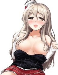 Rule 34 | 10s, 1girl, :d, blush, breasts, brown eyes, censored nipples, collarbone, convenient censoring, don (29219), eyebrows, grey hair, hair between eyes, hair censor, hair over breasts, hat, kantai collection, long hair, long sleeves, looking at viewer, medium breasts, mini hat, miniskirt, open mouth, pola (kancolle), red skirt, simple background, skirt, smile, solo, topless, wavy hair, white background