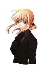 Rule 34 | 1girl, ahoge, artoria pendragon (all), artoria pendragon (fate), bad id, bad pixiv id, blonde hair, fate/zero, fate (series), formal, gloves, green eyes, long hair, maccyman, necktie, pant suit, pants, ponytail, reverse trap, saber (fate), sidelocks, solo, suit