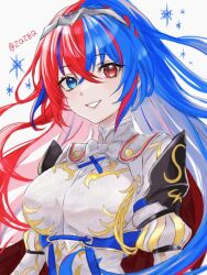 Rule 34 | 1girl, alear (female) (fire emblem), alear (fire emblem), armor, artist name, blue eyes, blue hair, breasts, commentary request, eyelashes, fire emblem, fire emblem engage, heterochromia, medium breasts, multicolored hair, nintendo, red eyes, red hair, simple background, smile, solo, split-color hair, teeth, twitter username, two-tone hair, upper body, white background, zqzbq