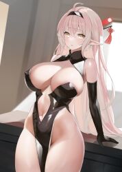 Rule 34 | 1girl, absurdres, ahoge, black dress, black gloves, breasts, china dress, chinese clothes, cleavage, covered erect nipples, cowboy shot, dress, elbow gloves, elf, gloves, hairband, highres, large breasts, long hair, looking at viewer, nakamura nagare, navel, no panties, open mouth, original, pelvic curtain, pink hair, pointy ears, revealing clothes, skindentation, sleeveless, sleeveless dress, solo, standing, thick thighs, thighs, very long hair, yellow eyes