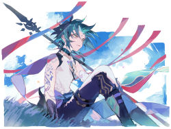 Rule 34 | 1boy, arm tattoo, bead necklace, beads, black hair, cloud, facial mark, forehead mark, genshin impact, gotou (pixiv37128), grass, green hair, holding, holding polearm, holding weapon, jewelry, male focus, multicolored hair, necklace, orange eyes, over shoulder, polearm, primordial jade winged-spear (genshin impact), sitting, sky, solo, sparkle, spear, tattoo, weapon, weapon over shoulder, xiao (genshin impact), yellow eyes